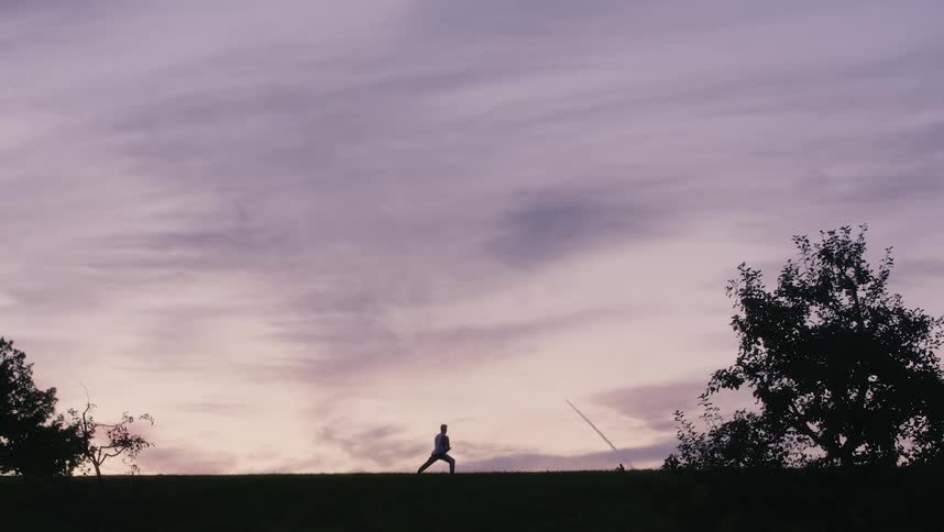 Silhouette of a man doing tai chi movements with trees nearby