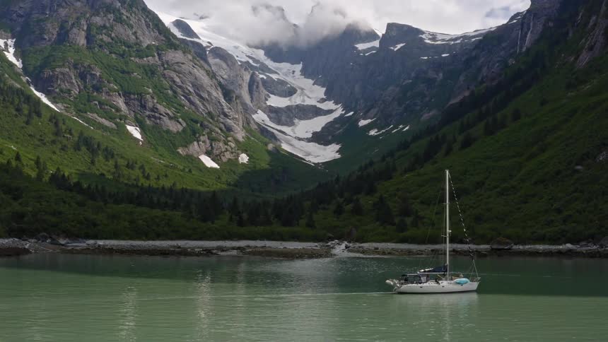 Sailboat floats near shore bordering valley dotted with conifer trees and surrounded by snow dabbed mountains