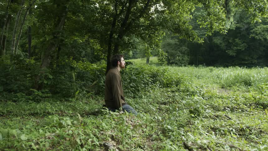 A man is kneeling in the forest