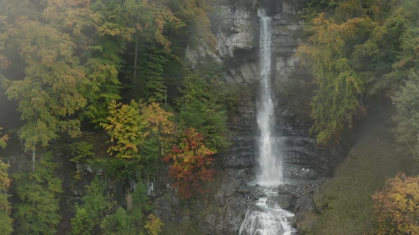 A waterfall on a cliff surrounded by trees