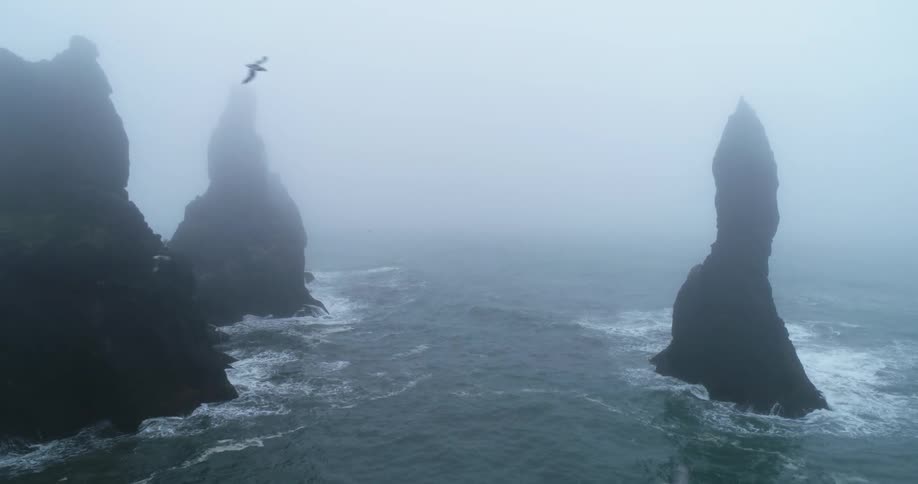 Pillars of rock jut out from the ocean shrouded in fog