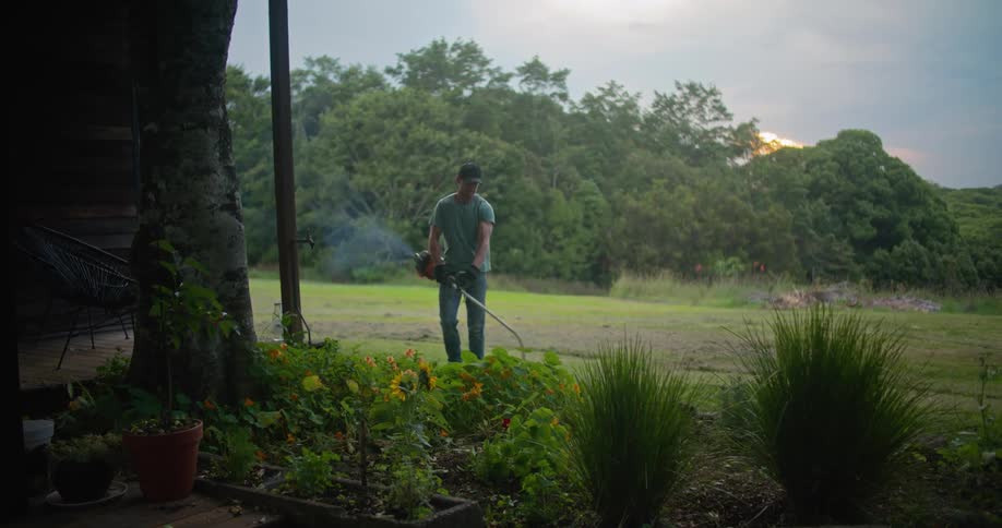 A man is cutting the grass around the garden