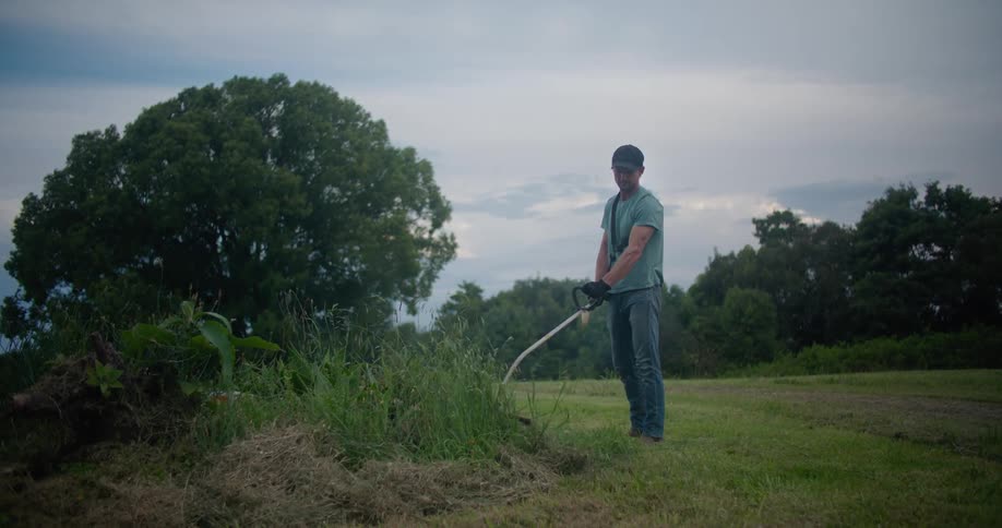 A man uses a weed wacker to clear brush around trees