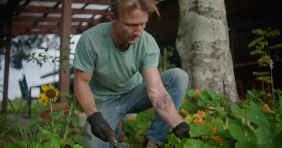 A man wearing gardening gloves is digging a hole in soil with a hand trowel