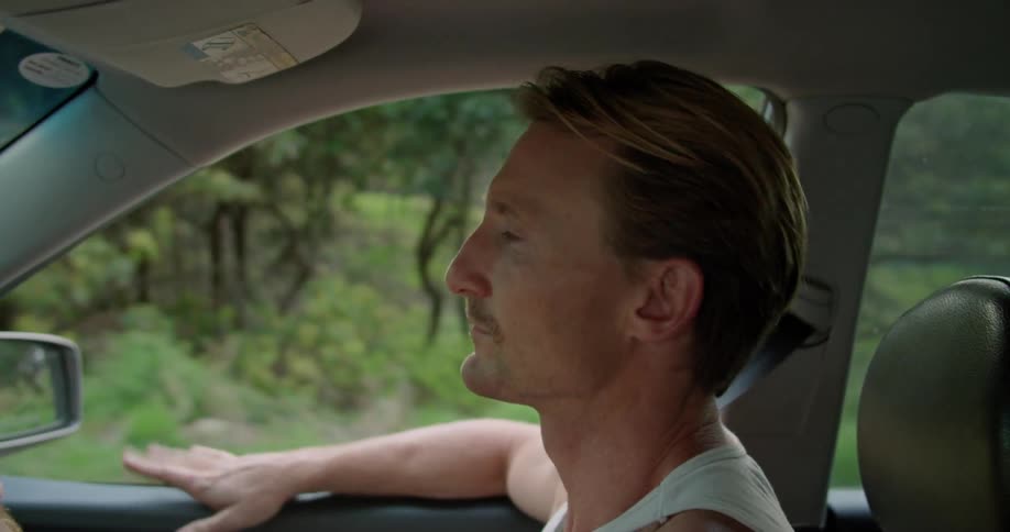 Blonde man with white undershirt drives car next to forest passing by cars