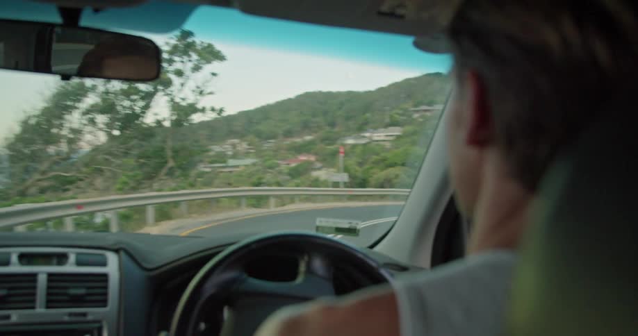 View from the inside of a car behind the driver as it is traveling in a winding road surrounded by trees
