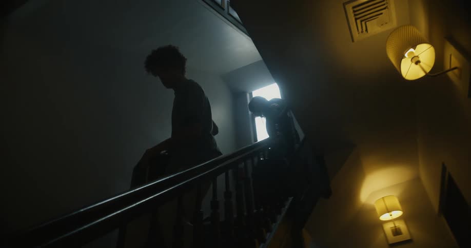 A man carrying a suitcase down a staircase