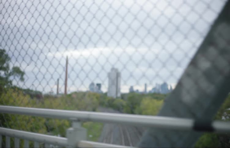 Mesh covered bridge crosses train tracks with city skyline in distance