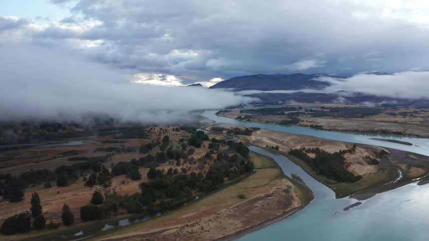 The Baker river weaves through untouched land in southern Chile near Patagonia
