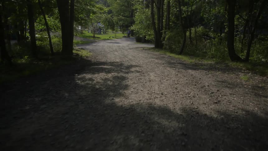 Moving down a trail surrounded by a forest