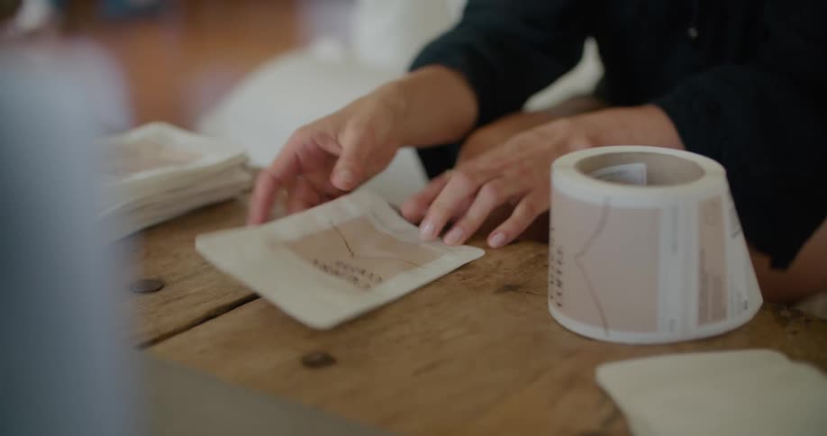 A woman sitting on a sofa applying sticky labels to small bags