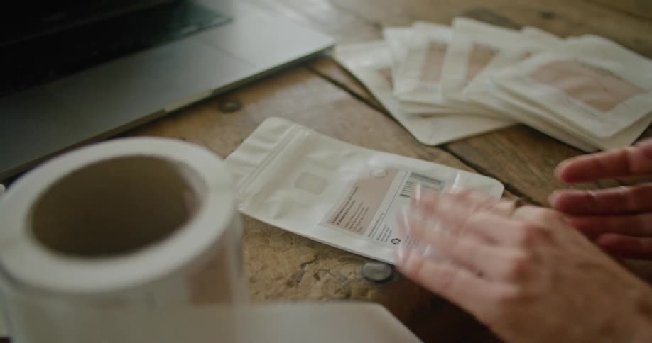 Woman attaches labels to packages sitting near table with laptop