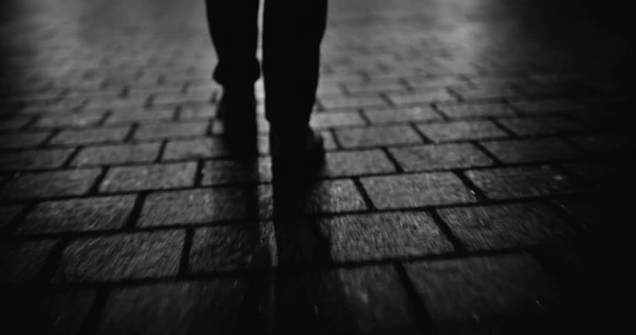 A persons feet and legs are seen as they are walking across a brick walkway at night