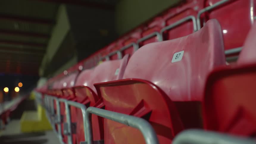 The bleacher seats are closed in the stadium
