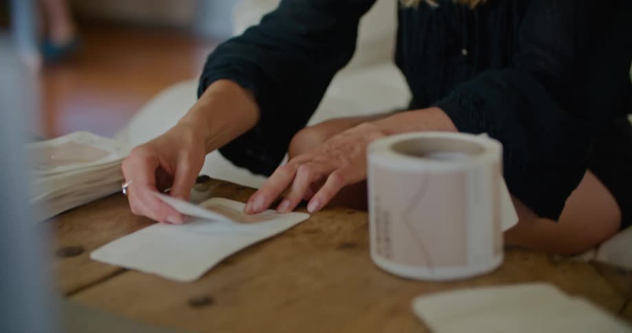 A woman is sitting on a sofa applying stickers to envelopes during the day