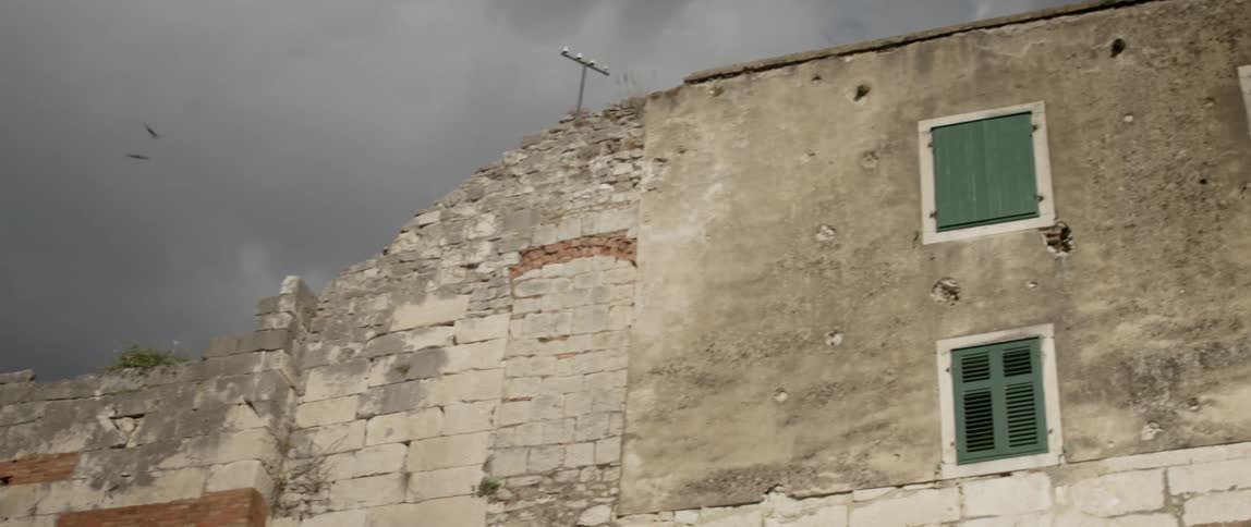 Birds fly near a building on an overcast day