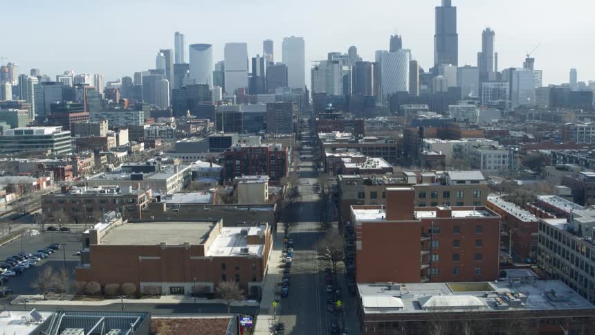 Aerial view of skyscrapers on the city skyline at morning in winter