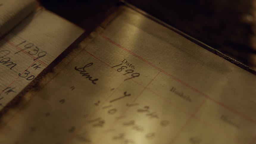 A record book is opened on the table with old dates