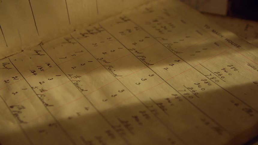 An old book opens with numbers and writing on the pages