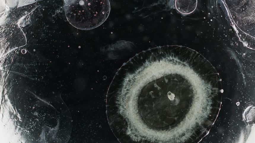 Bubbles flow and circular form expands under ice surface