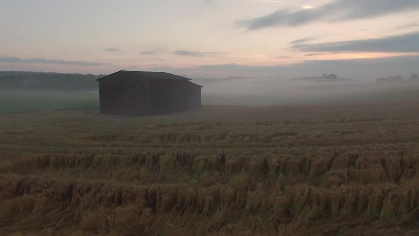 Building standing in the middle of a field with a road running next to it