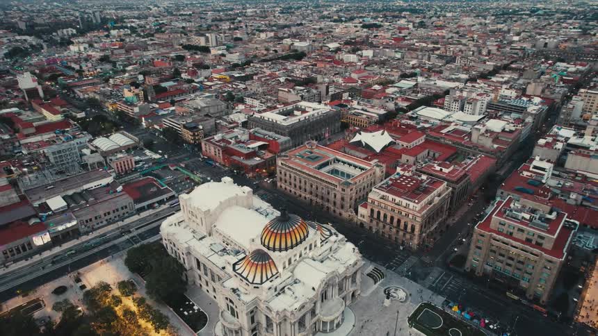Aerial view of city landmark with buildings