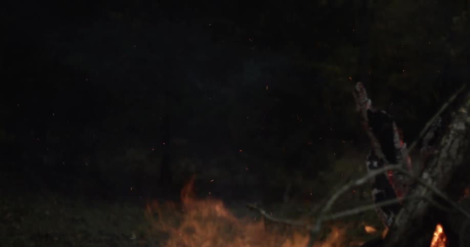 Smoke and embers rise from an outdoor wood fire