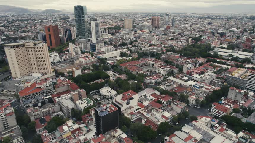 Aerial view of the skyscrapers on a small city skyline on an overcast day