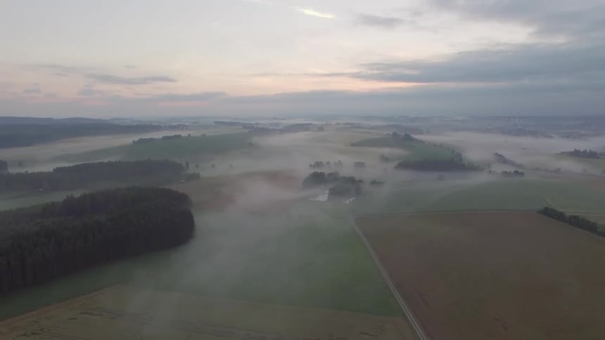Aerial view of a field with fog on it