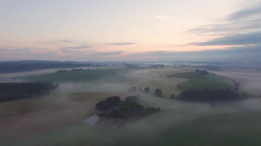 Fog floats over farmland
