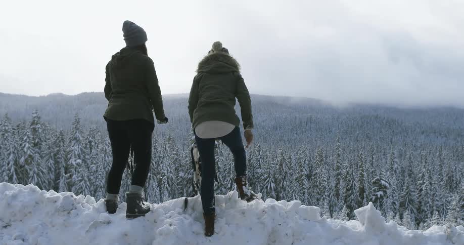Two women climb on a snowy ledge holding sporting equipment and look at the trees