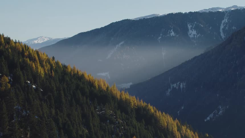 The tall mountains are covered with trees