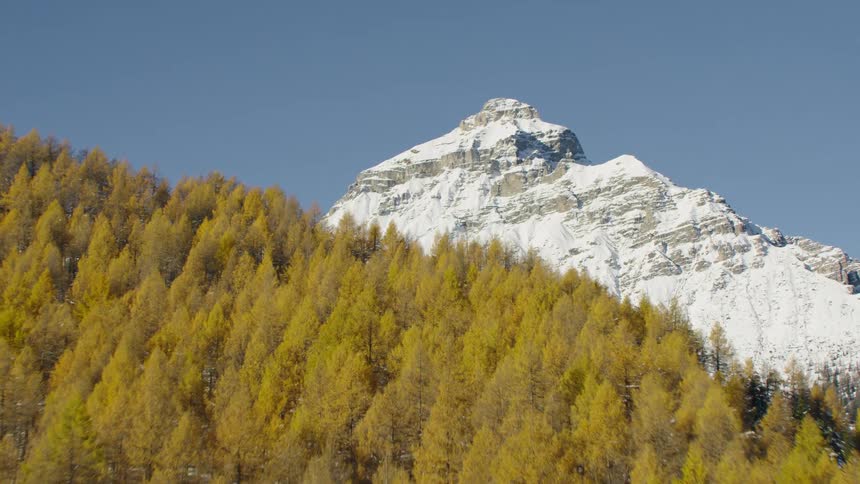 An aerial view of a mountain range with snow and trees