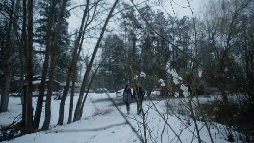A man and woman are walking as it snows around them