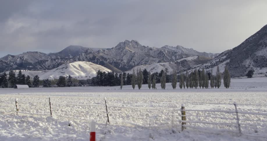 Snow is shown landing on a field