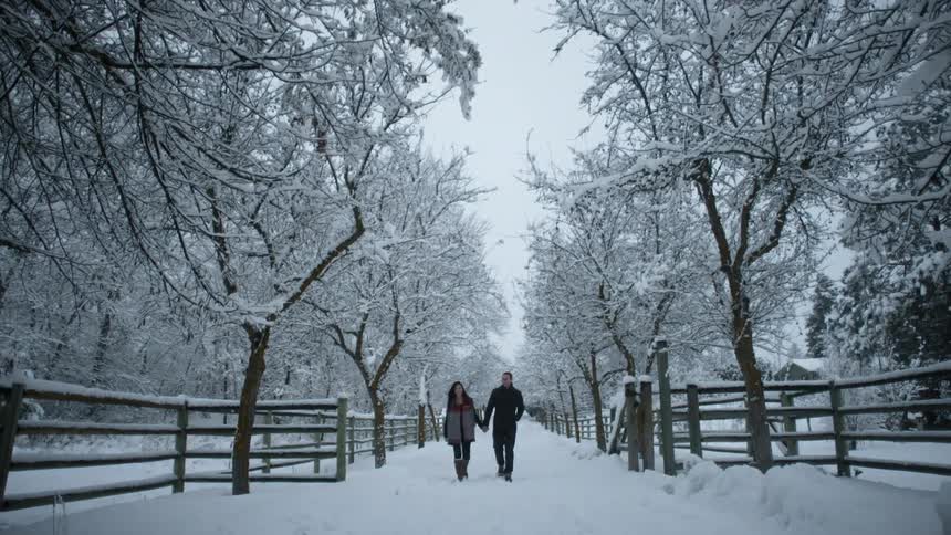 Couple holding hands while walking down a snow covered path