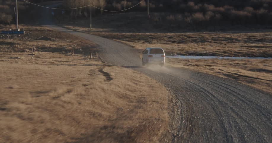 A van drives on a dirt road in a grassland
