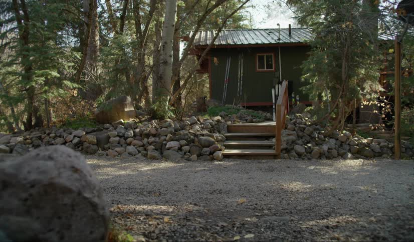 A black car stops in front of a little house in the woods
