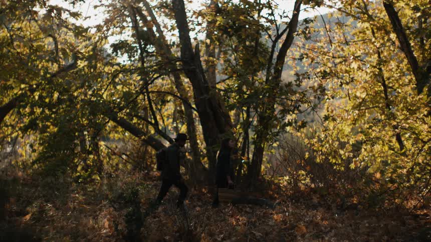 A man and woman walking through a forest