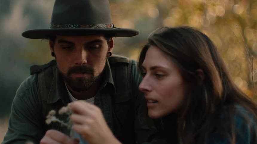 A man and woman examine a flower outdoors