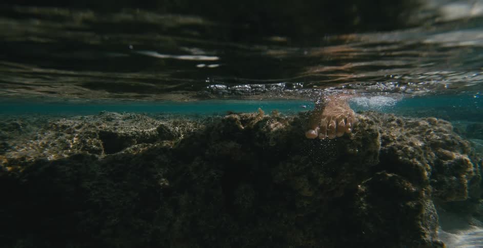 Toes push off the rocky bottom as a person wades in the ocean