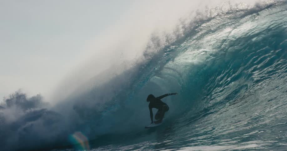 Surfers ride waves by the shore