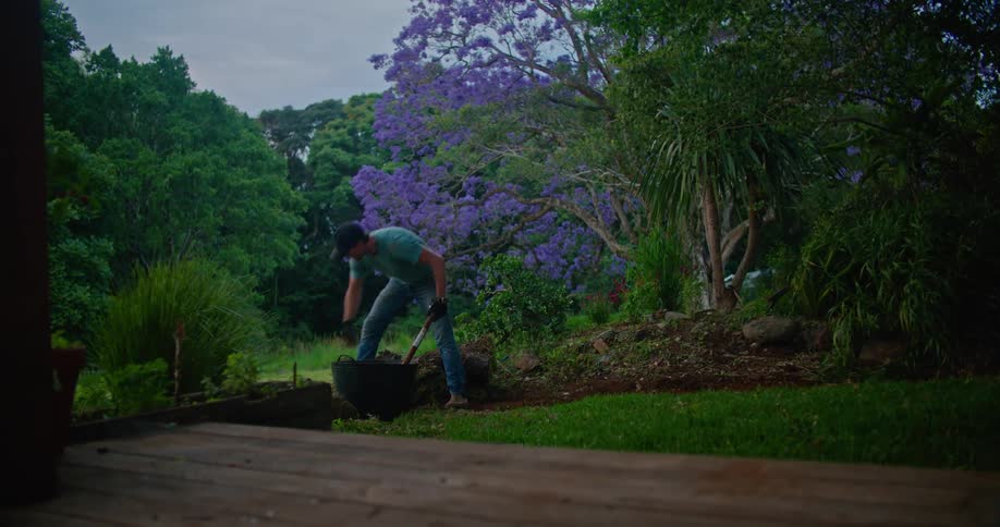 A man digs a hole in a garden area