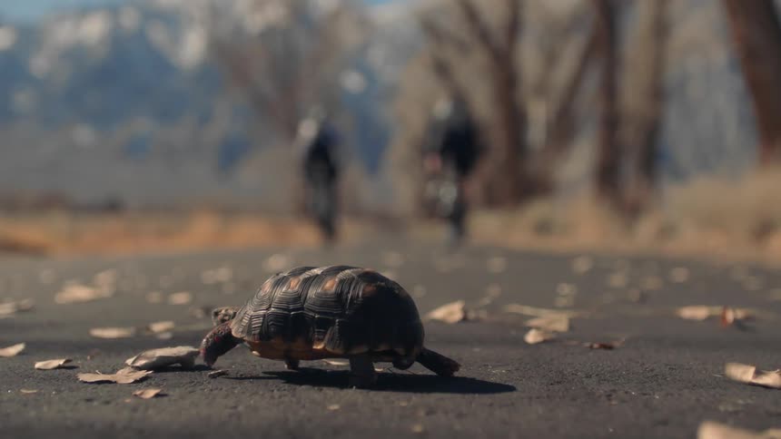 Turtle slowly crossing a rural road where two cyclist pass riding bikes