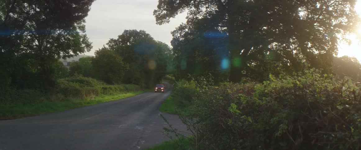 A vehicle travels along a road lined with bushes during the day