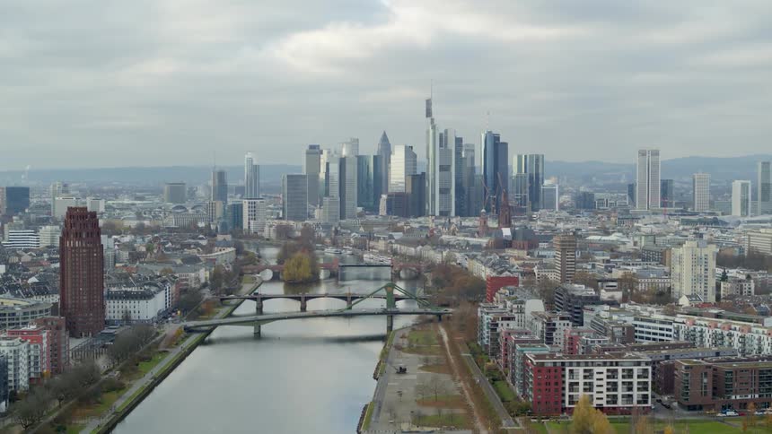 Aerial view of a downtown city is displayed in spring