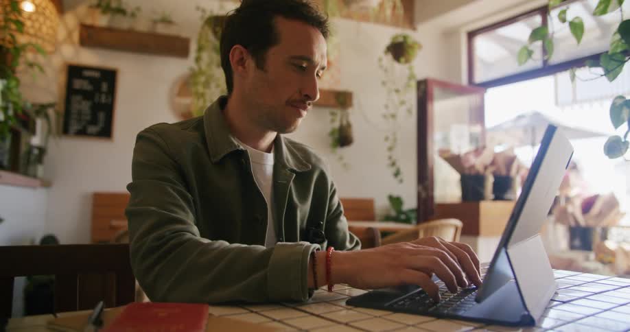 Man working on his laptop in a coffeehouse