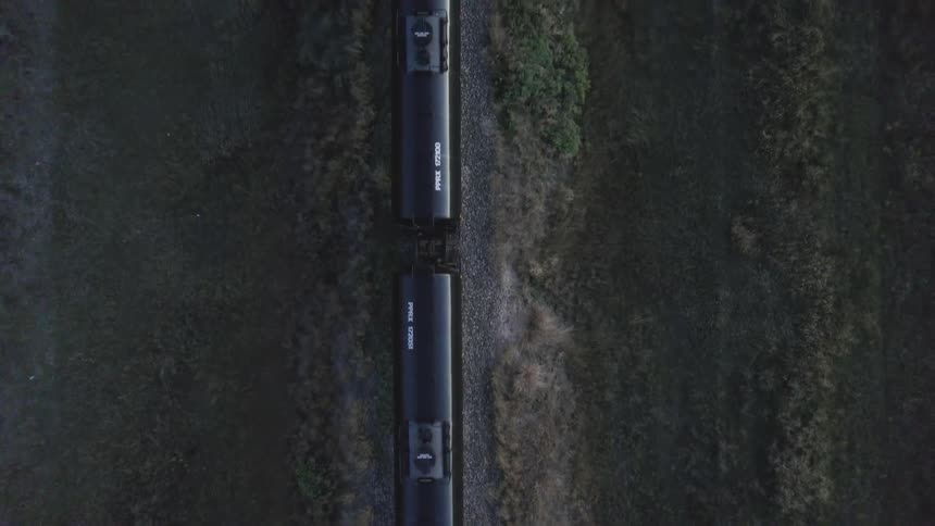 Aerial view looking down on the tops of train cars
