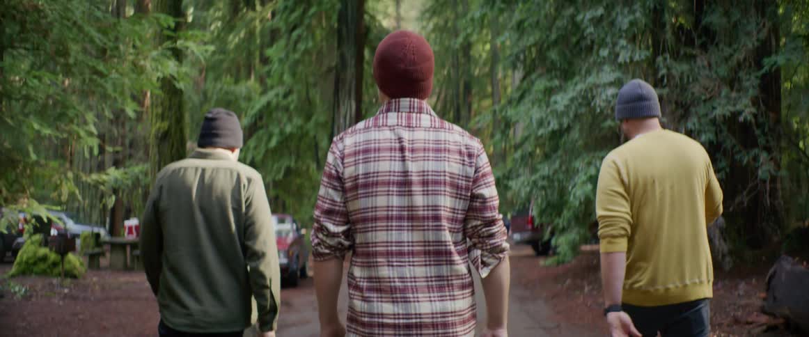 Three men are hiking through a forest at midday