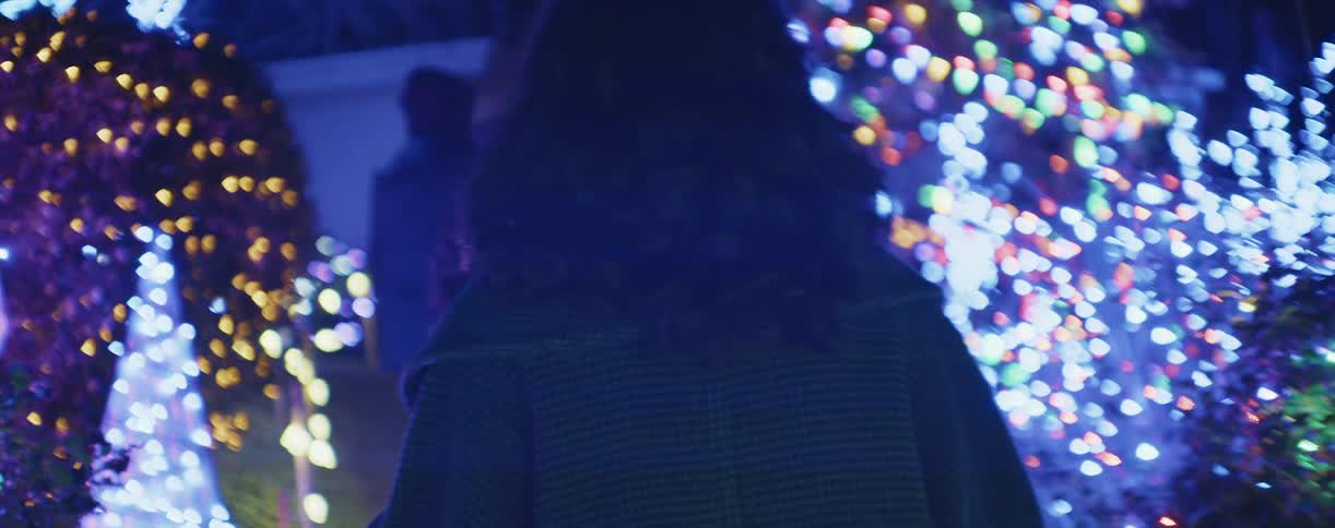 Group of people walking on a garden decorated with christmas lights at night